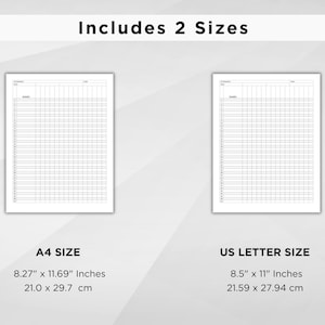 May include: Two blank printable checklists in US Letter and A4 sizes. The checklists are divided into 50 rows and 5 columns. The US Letter size is 8.5 inches by 11 inches, or 21.59 cm by 27.94 cm. The A4 size is 8.27 inches by 11.69 inches, or 21.0 cm by 29.7 cm.