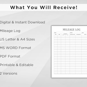 May include: A printable mileage log template in US Letter and A4 sizes. The template is available in MS Word and PDF formats. It is printable and editable. The template includes columns for date, time, odometer reading, mileage total, destination, and notes.