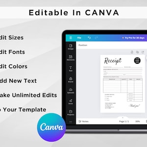 Puede incluir: Una pantalla de port&aacute;til muestra una plantilla de recibo dentro de la plataforma de dise&ntilde;o Canva. El texto en la pantalla dice "Editable in CANVA" y enumera las opciones de edici&oacute;n: Editar tama&ntilde;os, Editar fuentes, Editar colores, Agregar texto nuevo.