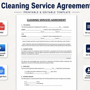 Puede incluir: Una plantilla de contrato de servicio de limpieza imprimible y editable. El documento incluye secciones para las partes, deberes, fecha de inicio y monto de pago. Se incluyen iconos de PDF, Word, Google Docs, US Letter, tamaño A4 y descarga instantánea.