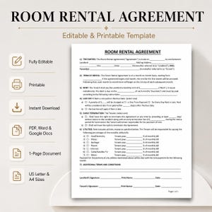 Puede incluir: Una plantilla de contrato de alquiler de habitación con texto negro sobre fondo blanco. El documento incluye secciones para partes, alquiler, recargos, terminación anticipada y servicios públicos. Iconos indican que es editable e imprimible.