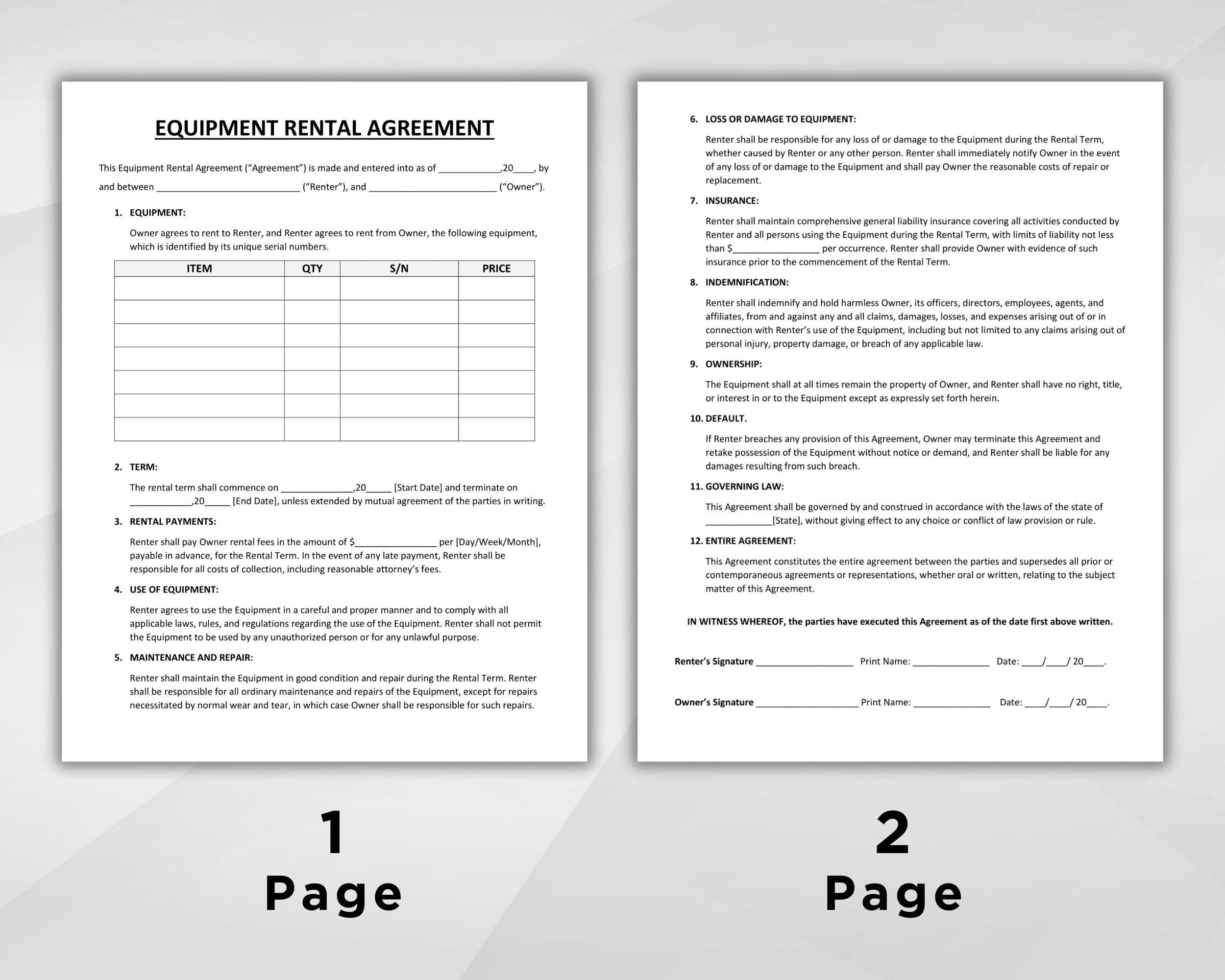 Item Rental Form Equipment Rental Agreement Templates. Equipment Rental Contract Form ...