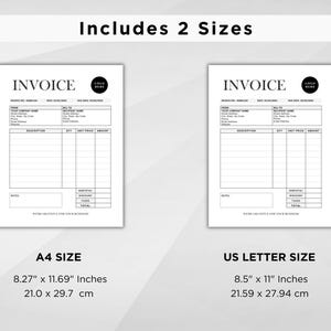 K&ouml;nnte beinhalten: Zwei leere Rechnungsvorlagen in den Formaten A4 und US Letter. Die Vorlagen sind in Schwarzwei&szlig; mit dem Text "INVOICE" oben. Der Text "Includes 2 Sizes" befindet sich oben im Bild. Das US Letter Format ist 8,5 Zoll mal 11 Zoll, oder 21,59 cm mal 27,94 cm. Das A4 Format ist 8,27 Zoll mal 11,69 Zoll, oder 21,0 cm mal 29,7 cm.