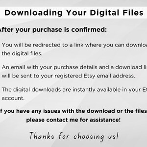 Puede incluir: Un fondo blanco con texto negro que detalla el proceso de descarga digital despu&eacute;s de la compra. El texto incluye instrucciones sobre c&oacute;mo descargar archivos, incluyendo un enlace y detalles del correo electr&oacute;nico. La imagen termina con "&iexcl;Gracias por elegirnos!"