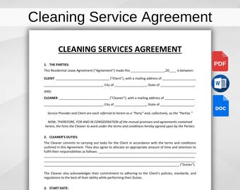 Cleaning Service Agreement Template. Printable Cleaning Business Forms. Editable Cleaning Service Contract. Housekeeper contract. WORD & PDF