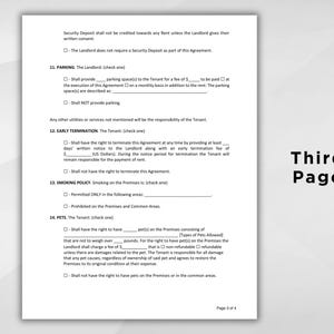 K&ouml;nnte beinhalten: Eine wei&szlig;e Dokumentseite mit Text, einschlie&szlig;lich Abschnitten zu Parken, vorzeitiger K&uuml;ndigung, Rauchrichtlinien und Haustieren. Die Worte "Third Page" stehen fett schwarz auf der rechten Seite. Das Dokument ist ein Mietvertrag.