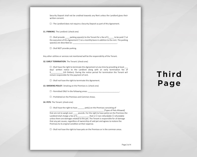 K&ouml;nnte beinhalten: Eine wei&szlig;e Dokumentseite mit Text, einschlie&szlig;lich Abschnitten zu Parken, vorzeitiger K&uuml;ndigung, Rauchrichtlinien und Haustieren. Die Worte "Third Page" stehen fett schwarz auf der rechten Seite. Das Dokument ist ein Mietvertrag.