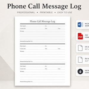 以下が含まれることがあります： Who Called、For、Contact Info、Date、Time、Message、Returned Message Back Viaのフィールドを持つ3つのセクションを備えた白い電話メッセージログテンプレート。Microsoft Word、PDF、USレターサイズ21.59 x 27.94 cm、A4サイズ21 x 29.7 cm、ダウンロードのアイコンが含まれています。