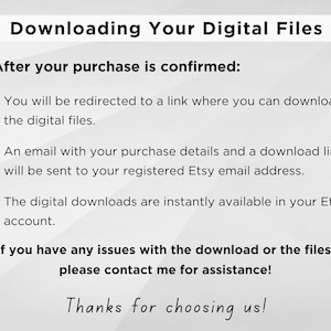May include: A white background with black text detailing the digital download process after purchase. The text includes instructions on how to download files, including a link and email notification. The image ends with "Thanks for choosing us!"