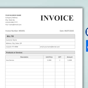 Peut inclure: Un mod&egrave;le de facture vierge avec le titre "INVOICE" en haut. Le mod&egrave;le comprend des champs pour le num&eacute;ro de facture, la date, les informations de facturation, les produits ou services, l'article/service, la description, le prix unitaire, la quantit&eacute; et le montant.