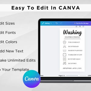 May include: A screenshot of a Canva design template for a washing instructions label. The template features a black and white design with the text "Washing Instructions" and a list of care instructions, including "Turn inside out", "Do not bleach", "Machine wash cold", "Tumble dry on low", "Do not dry clean", and "Do not iron". The template also includes the text "Handmade with Love".