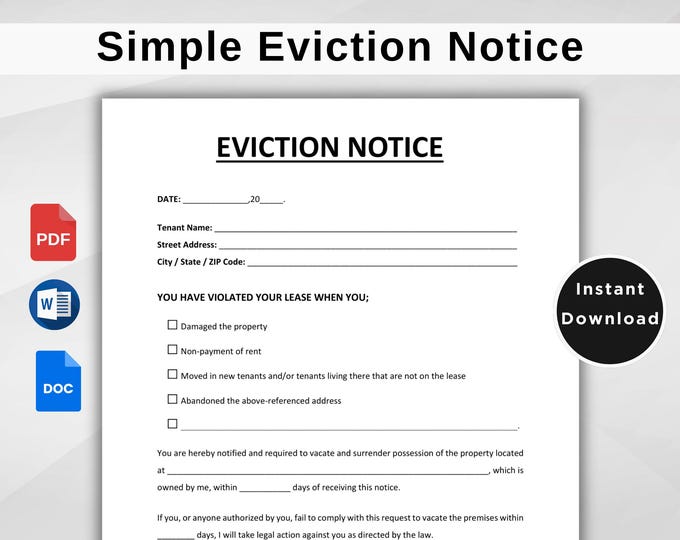 Eviction Notice Editable Notice to Vacate Tenant Template Printable Landlord Rental Lease ...