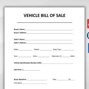Vehicle Bill of Sale. Printable Motor Vehicle Sale Contract. Vehicle Bill of Sale Template. Editable Google Docs, WORD PDF. Instant Download