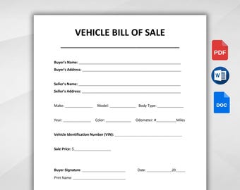 Vehicle Bill of Sale. Printable Motor Vehicle Sale Contract. Vehicle Bill of Sale Template. Editable Google Docs, WORD PDF. Instant Download