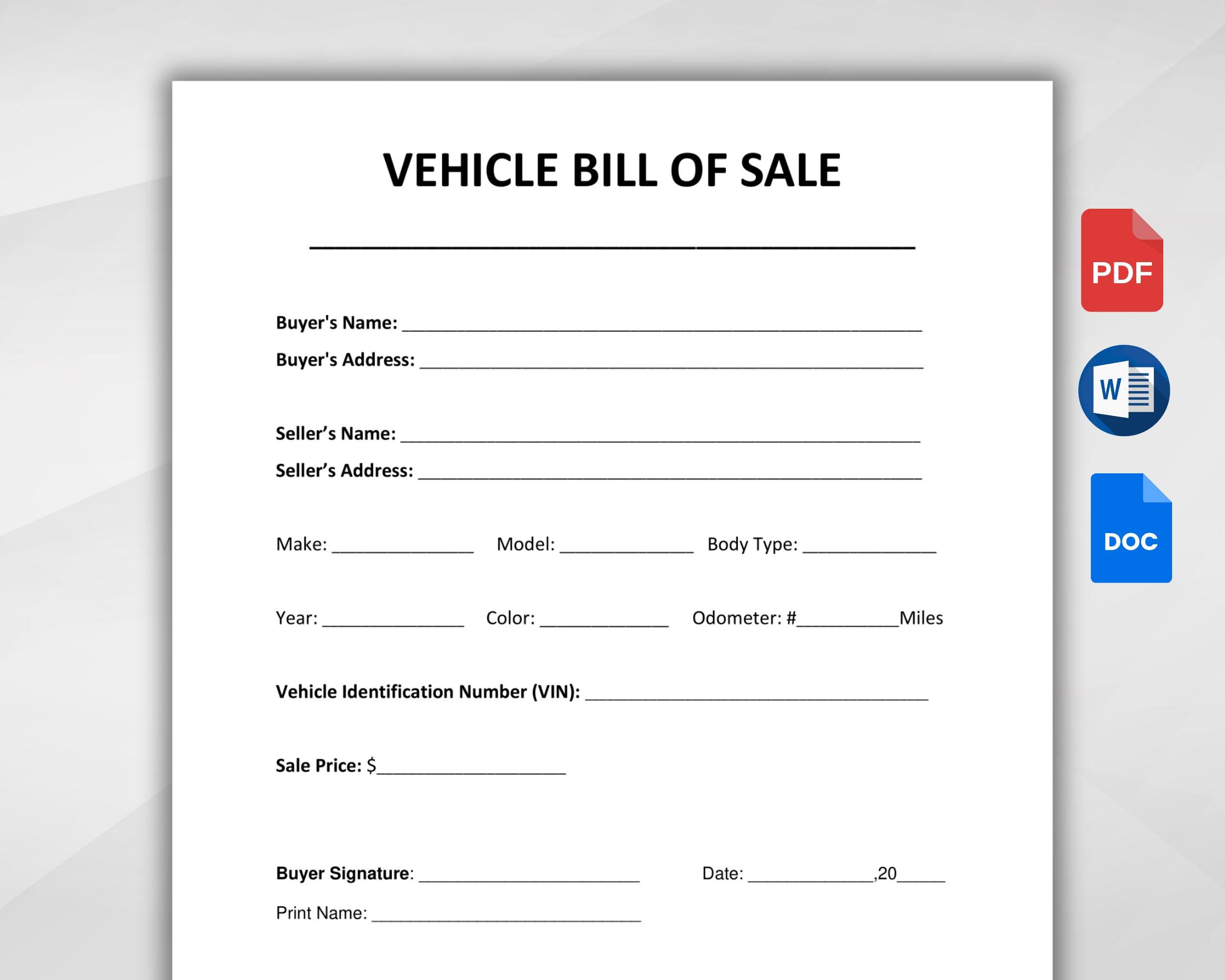 Vehicle Bill of Sale. Printable Motor Vehicle Sale Contract. Vehicle Bill of Sale Template. Editable Google Docs, WORD PDF. Instant Download