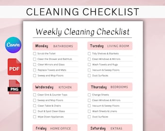 Planificador de limpieza editable, lista de tareas de limpieza semanal, horario de limpieza del hogar para personas con TDAH, planificador mensual de tareas domésticas.