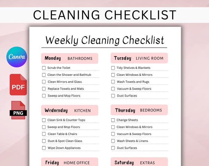 EDITABLE Cleaning Checklist. Printable Weekly Cleaning Schedule. ADHD ...