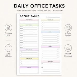May include: A printable daily office task planner sheet featuring sections for today's goal, a schedule from 8:00 am to 8:00 pm, follow-up, projects, notes, a to-do list, calls, emails, and meetings. The layout includes pastel-colored headers.