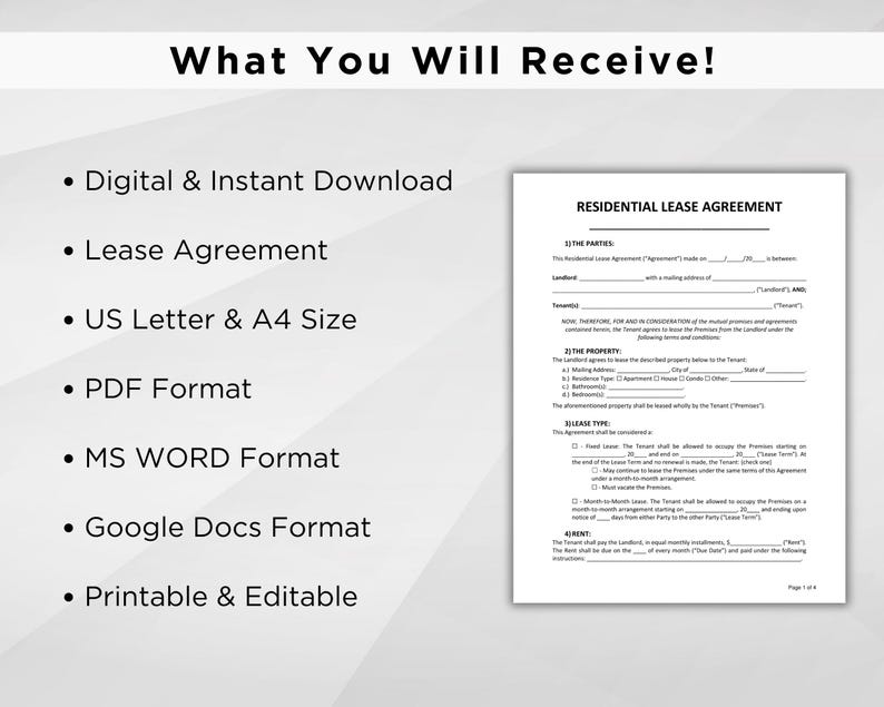 May include: A digital download of a residential lease agreement template in PDF, MS Word, and Google Docs formats. The template is printable and editable, and includes US Letter and A4 size options.