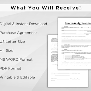 Pode incluir: Um modelo de contrato de compra imprim&iacute;vel e edit&aacute;vel nos tamanhos US Letter e A4. O documento est&aacute; dispon&iacute;vel para download instant&acirc;neo nos formatos PDF e MS Word.