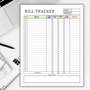 K&ouml;nnte beinhalten: Ein druckbarer Rechnungs-Tracker mit Spalten f&uuml;r Rechnungsname, F&auml;lligkeitstermin, F&auml;lliger Betrag, Bezahlter Betrag, Offener Saldo und Notizen. Der Tracker hat ein hellgr&uuml;nes, hellblaues und hellgelbes Farbschema.