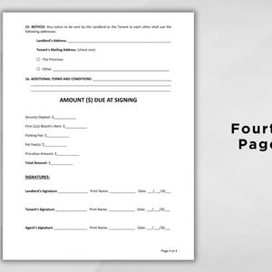 K&ouml;nnte beinhalten: Ein wei&szlig;es Dokument mit Text, einschlie&szlig;lich Abschnitten f&uuml;r Hinweise, zus&auml;tzliche Bedingungen und den bei der Unterzeichnung f&auml;lligen Betrag. Das Dokument enth&auml;lt Felder f&uuml;r Unterschriften und Daten. Die Worte "Fourth Page" sind sichtbar.