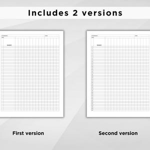 May include: Two blank attendance sheets with columns for names and dates. The sheets are labeled "First version" and "Second version".