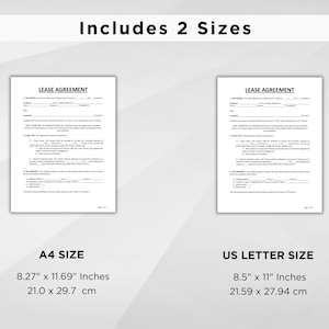 K&ouml;nnte beinhalten: Das Bild zeigt zwei Mietvertragsdokumente, eines im A4-Format (21,0 x 29,7 cm) und das andere im US Letter-Format (21,59 x 27,94 cm). Der Text "Includes 2 Sizes" ist oben zu sehen. Das A4-Format ist 8,27" x 11,69" Zoll, und das US Letter-Format ist 8,5" x 11" Zoll.