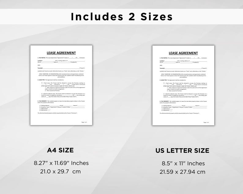K&ouml;nnte beinhalten: Das Bild zeigt zwei Mietvertragsdokumente, eines im A4-Format (21,0 x 29,7 cm) und das andere im US Letter-Format (21,59 x 27,94 cm). Der Text "Includes 2 Sizes" ist oben zu sehen. Das A4-Format ist 8,27" x 11,69" Zoll, und das US Letter-Format ist 8,5" x 11" Zoll.