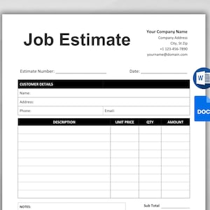 Plantilla de estimación de trabajo editable. Plantillas imprimibles de formulario de estimación de trabajo para pequeñas empresas. Propuesta de Trabajo. Propuesta de construcción WORD y Google Docs