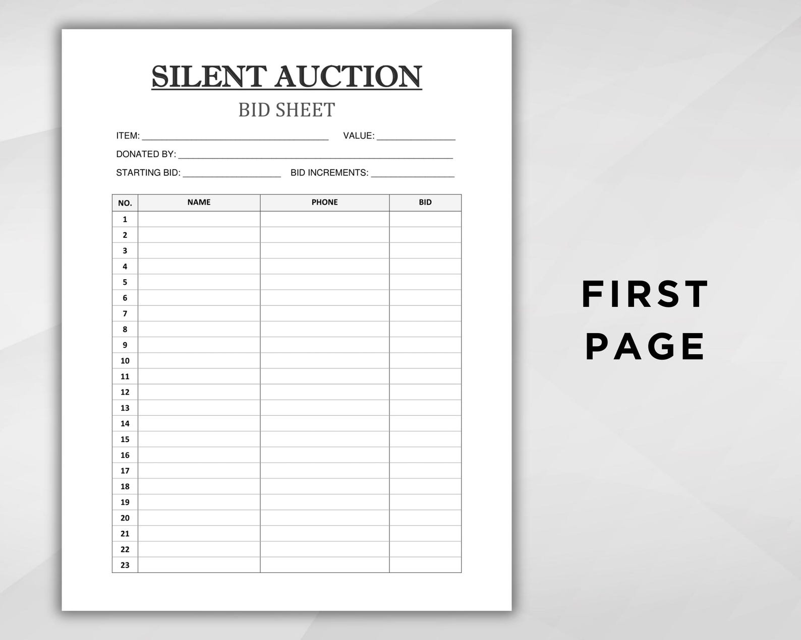 Printable Silent Auction Bid Sheet Silent Auction Sign up Sheet ...