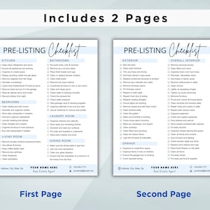May include: A two-page pre-listing checklist for real estate agents. The checklist includes tasks for the kitchen, bathrooms, bedrooms, laundry room, living room, dining room, exterior, overall interior, and garage. The checklist is formatted with blue and white boxes and checkboxes.