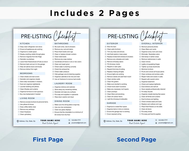 May include: A two-page pre-listing checklist for real estate agents. The checklist includes tasks for the kitchen, bathrooms, bedrooms, laundry room, living room, dining room, exterior, overall interior, and garage. The checklist is formatted with blue and white boxes and checkboxes.
