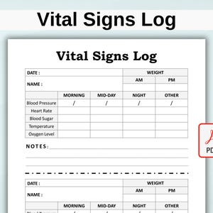 Registro de signos vitales. Registro diario de signos vitales para enfermeras. Hoja de signos vitales. Plantilla de signos vitales. Cuadro de signos vitales. PDF imprimible. A4/carta