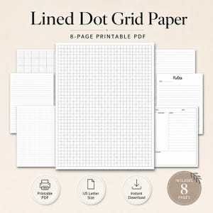 May include: A collection of 8 printable pages featuring Lined Dot Grid Paper. The set includes various layouts such as grid, lined, and note-taking templates with headers like Notes, Topic, and Summary. The documents are formatted for US Letter size.
