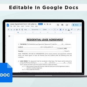 May include: A screenshot of a Google Docs document with the title "RESIDENTIAL LEASE AGREEMENT". The document is a fillable form for a lease agreement between a landlord and tenant.