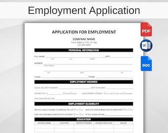 Printable Job Application Template. HR Template. Recruitment Selection. New Employee Application Form. New Hire Form. PDF, Google Docs, Word