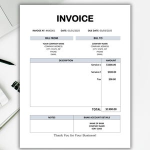 May include: A black and white invoice template with the word "INVOICE" in bold at the top. The invoice is dated 01/01/2025 and has a due date of 03/03/2025. The invoice includes sections for "Bill From" and "Bill To" with fields for company name, address, phone number, and email. The invoice also includes a table with a description column and an amount column. The total amount due is &pound;1300.00. The invoice also includes a section for "Bank Account Details" with fields for the name of the bank, company name, and sort code.