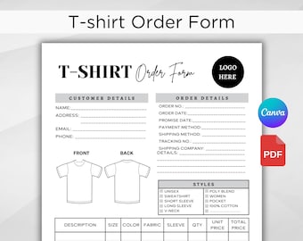 Tshirt Order Form, Shirt Order Form Template, T shirt Order Form, Custom Order Form, Order Form, Purchase Order Form, T-Shirt Order Form
