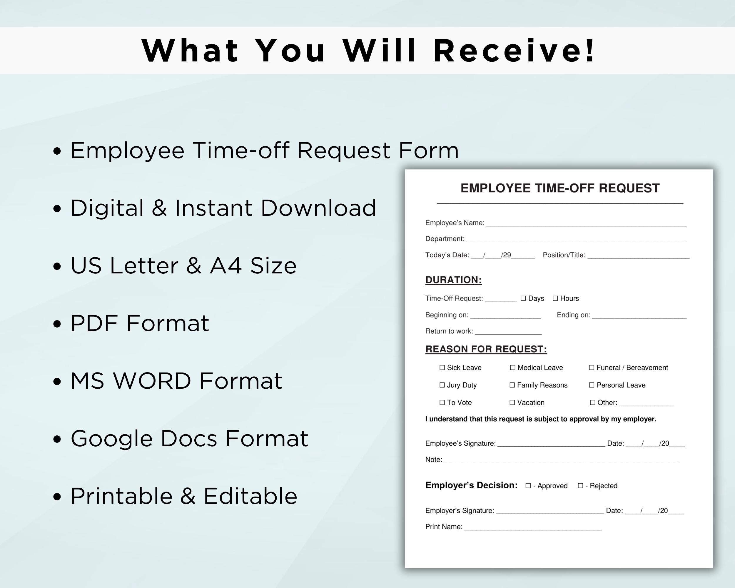 Employee Time off Request Form, PTO Vacation Request Template, Editable ...