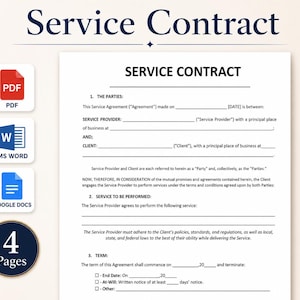 Service Contract Template, Client Service Agreement and Business Work Contract, Professional Service Form, Instant Download