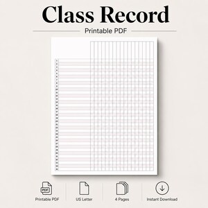 Könnte beinhalten: Ein druckbares PDF-Klassenbuch-Dokument mit einem Raster-Layout und nummerierten Zeilen von 1 bis 35. Die weiße Seite enthält die Überschrift Class Record sowie eine strukturierte Tabelle mit vertikalen Spalten und horizontalen Linien.