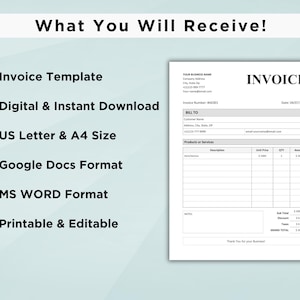 Peut inclure: Un mod&egrave;le de facture noir et blanc avec le texte "INVOICE" en grande police. Le mod&egrave;le comprend des sections pour les informations de facturation, les produits ou services, le prix unitaire, la quantit&eacute; et le montant. Le mod&egrave;le est imprimable et modifiable dans Google Docs et MS Word.