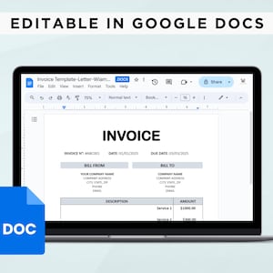 May include: A Google Docs document on a laptop screen displays an invoice template. The invoice is titled "INVOICE" and includes fields for invoice number, date, due date, bill from, bill to, description, and amount. The invoice has two line items for services with amounts of &pound;1000.00 and &pound;300.00.