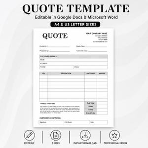Peut inclure: Un modèle de devis blanc avec du texte et des lignes noirs, comprenant des champs pour les détails du client, les descriptions d'articles, les quantités, les prix unitaires et les totaux. Le document est disponible en formats A4 et US Letter.