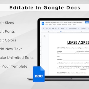 K&ouml;nnte beinhalten: Ein Laptop zeigt ein "Mietvertrag"-Dokument mit Optionen zum Bearbeiten von Gr&ouml;&szlig;en, Schriftarten und Farben. Das Dokument ist in Google Docs bearbeitbar. Ein blaues DOC-Symbol befindet sich unten links.
