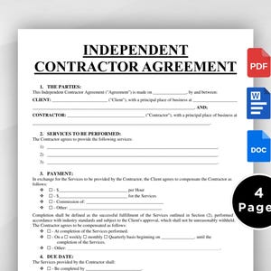 Op de afbeelding: Een vierpagina's tellend sjabloon voor een overeenkomst voor onafhankelijke contractanten met zwarte tekst op een witte achtergrond. Het formulier bevat secties voor partijen, diensten, betaling en vervaldata, met PDF-, Word- en DOC-bestandspictogrammen.