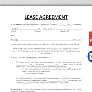 May include: A white document titled "LEASE AGREEMENT" with fillable fields for landlord, tenant, and lease details. Includes a PDF icon and a Word document icon. The document outlines lease terms and conditions.
