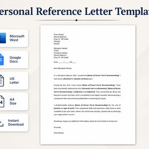 Puede incluir: Una plantilla de carta de referencia personal con marcadores de posición para información de contacto, fechas y texto de recomendación. El diseño incluye iconos para Microsoft Word, Google Docs, US Letter, tamaño A4 y una flecha de descarga.