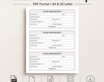 Child Care Receipt Template, Daycare Payment Form, Printable Receipt for Child Care Services